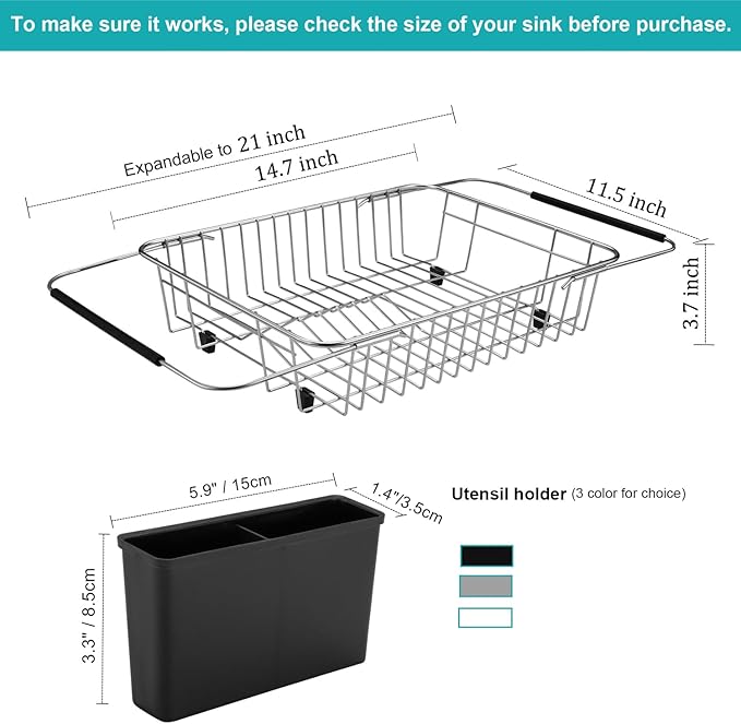 iPEGTOP Expandable Dish Drying Rack, Over The Sink Dish Rack, in Sink Or On Counter Dish Drainer with Black Utensil Holder Cutlery Tray, Rustproof Stainless Steel for Kitchen