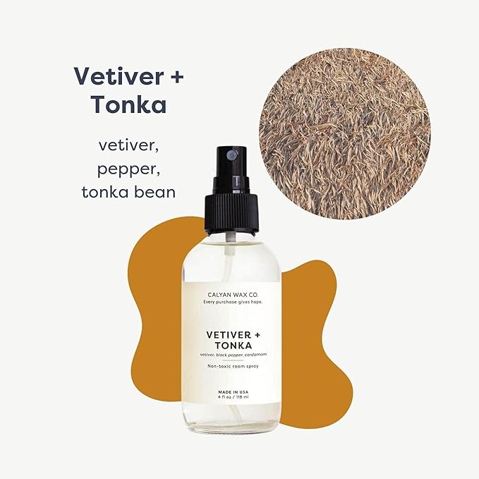 Calyan Wax Co. Vetiver & Tonka Room Spray - Non Toxic Air Freshener - Natural Room Deodorizer with Essential Oils - Air Freshener Spray for Home - 4 fl oz