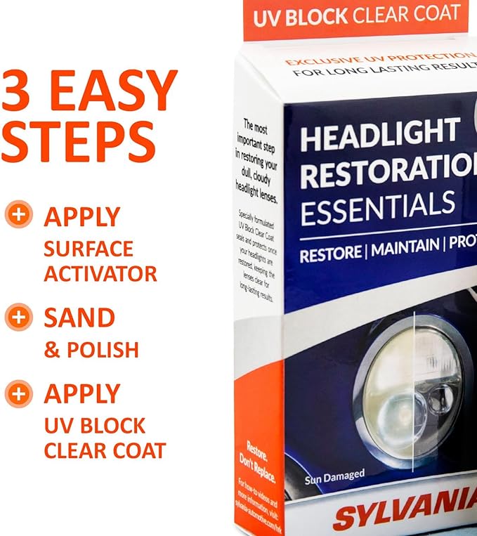SYLVANIA - Headlight Restoration Essentials Kit - UV Block Clear Coat, Most Important Step to Restore Sun Damaged Headlights, Surface Activator, UV Protection for Clearer Headlights - 1 Fl Oz