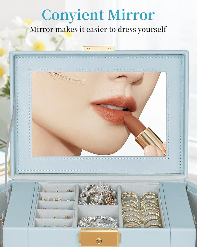 TORIBIO Jewelry Box for Women, Leather Jewelry Organizer with Mirror & Lock, 3-Tier Jewelry Storage Organizer with 2 Drawers for Girls/Women/Mothers, Necklace Earring Bracelets Holder Organizer