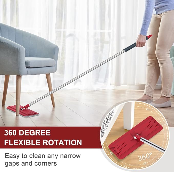 BOSHENG Hands-Free Mop and Bucket Set with 3 Washable Pads, Wet/Dry Floor Cleaning System, Red/Black