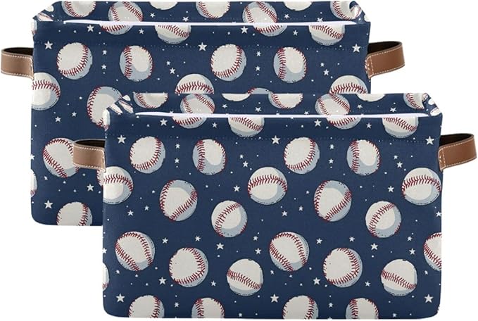 ALAZA Baseball Star Blue Sport Foldable Storage Box Storage Basket Organizer Bins with Handles for Shelf Closet Living Room Bedroom Home Office 2 Pack