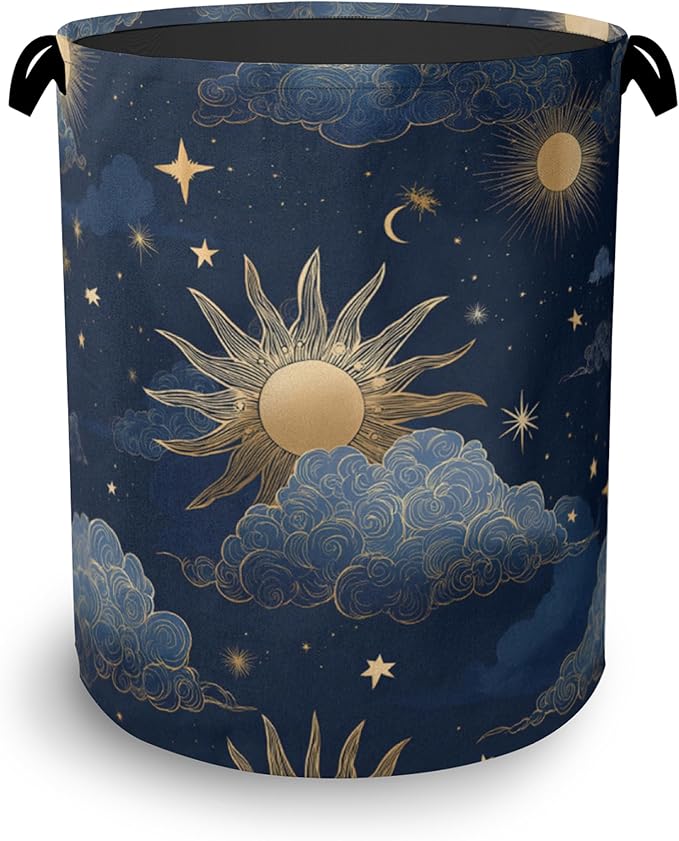Sun Moon Stars Laundry Basket,Oxford Cloth Laundry Hamper with Handle Foldable Portable Clothes Storage Basket for Bathroom Bedroom Dorm Room 16" x 20.8"