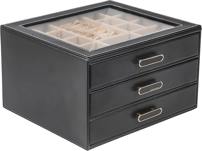 3 Layer Jewelry Organizer Box with Glass Lids & 3 Drawers - Elegant Storage Solution for Necklace, Rings，Earrings, and Bracelets - Perfect for Women ASK-301 (Black)
