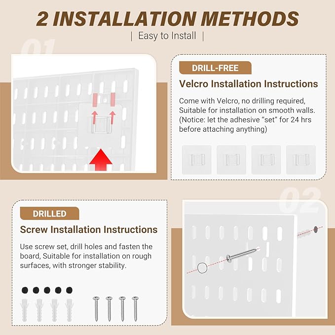 AKTOP Peg Board Wall Organizer 4-Pack – 12"x12" Plastic Pegboard Panels for Walls, White Desk Wall Mount Peg Board for Home, Office, Garage Tool Storage & Craft Room