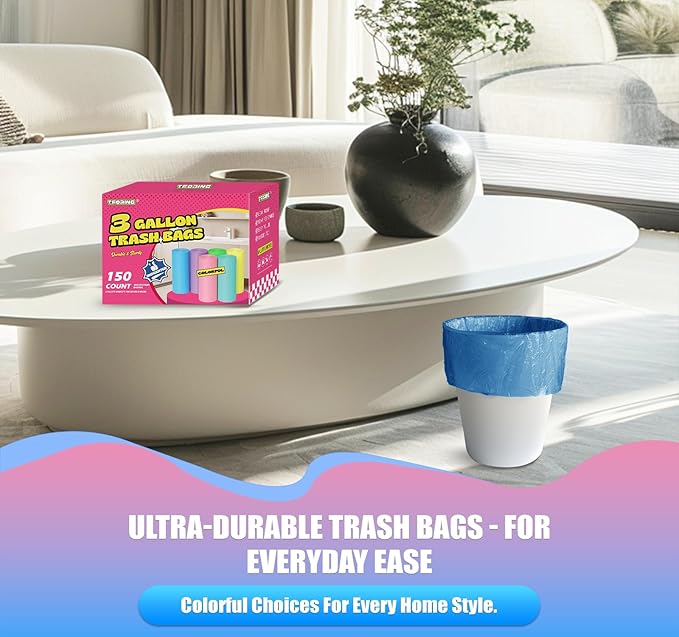 T.FORING 300 Count 3 Gallon Trash Bags - 12 Liter Colored Small Garbage Bags Unscented Wastebasket Liners Heavy Duty & Leakproof Mini Can Liners for Bathroom Toilet Home Office