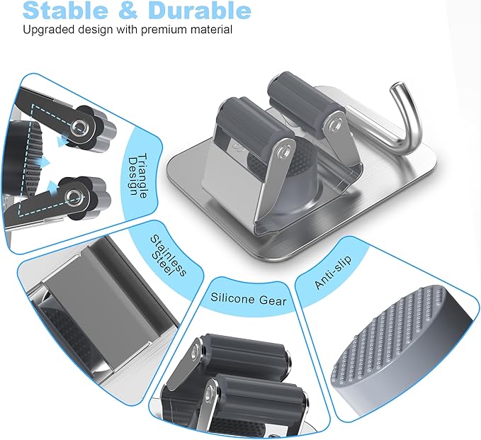 4 Pack Stainless Steel Mop and Broom Gripper with Hook, Screw Drilling or Self Adhesive Mop and Broom Holder Wall Mount, Storage Rack for Closet Laundry Garage Garden Tool Organizer, Silver