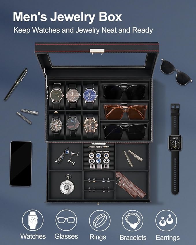Jenseits Watch Box for Mens Jewelry Box, 6 Slot Watch Case & 3 Slot Sunglasses Organizer, Lockable PU Leather Jewelry Organizer Watch Display Storage W/Drawer For Rings Bracelets, Gift for Men Women