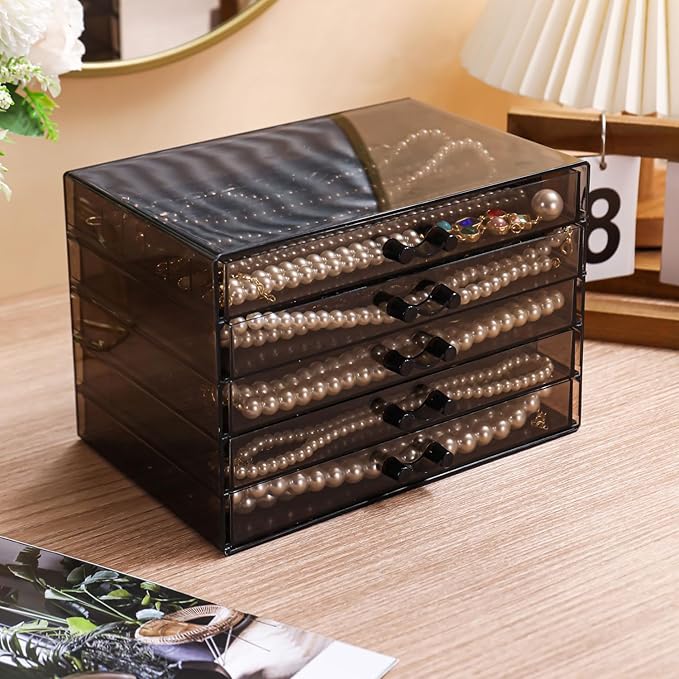 Necklace Organizer Box with 5 Trays, Dustproof Storage Holder Display Case, Tray Drawer for Pendant Chains, Suitable for Women and Girls (Black)
