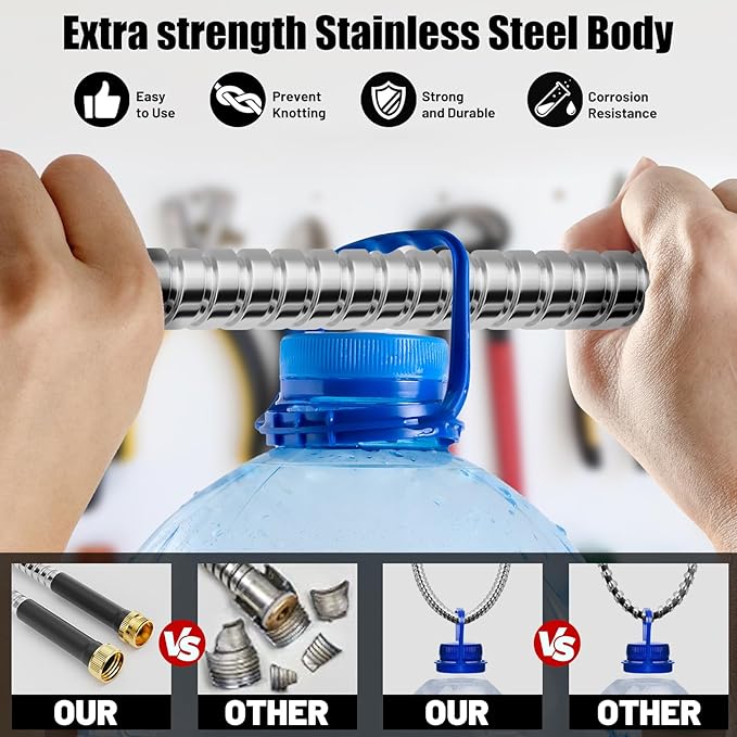 Beitopamz Garden Hose 25 ft, Stainless Steel Metal Water Hose with Nozzle, Flexible and Durable, Rust Proof, No-Kink, Heavy Duty, Leakproof 3/4'' Brass Fittings, Lightweight Hose for Patio, Lawn