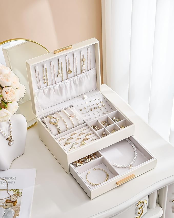 Lolalet 2-Layer Jewelry Boxes Organizer for Women Girls, Jewelry Storage Case Holder with Drawers for Necklaces Rings Earrings Bracelets Watches, Gifts Choice for Girlfriend Wife -Beige