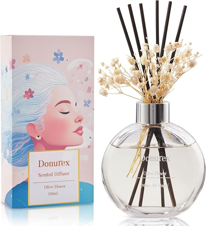 Flower Reed Diffuser Set 5.07oz Olive Flower Scent Diffuser with Sticks Home Fragrance Reed Diffuser for Bathroom Shelf Decor