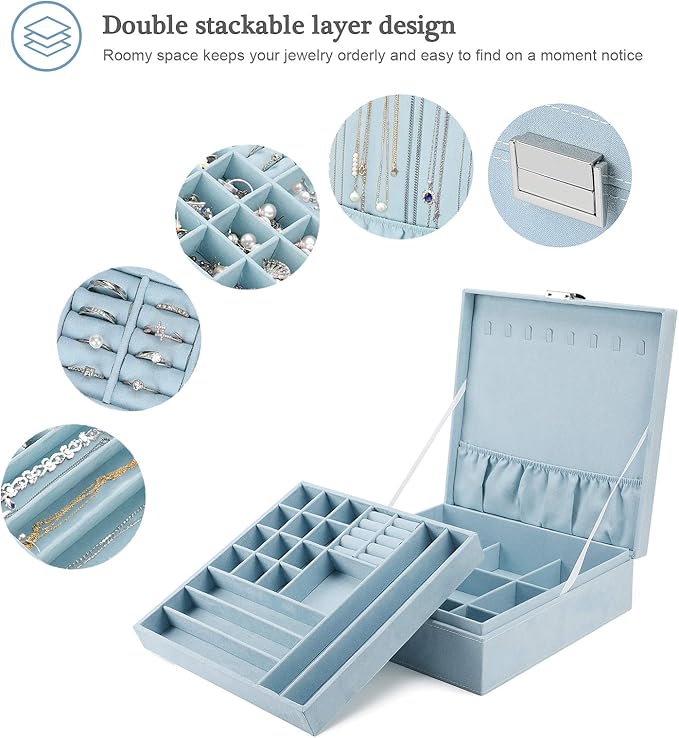 ProCase Velvet Jewelry Box Organizer for Women, 2 Layer Jewelry Display Storage Holder Case for Necklace Earrings Bracelets Rings -Blue