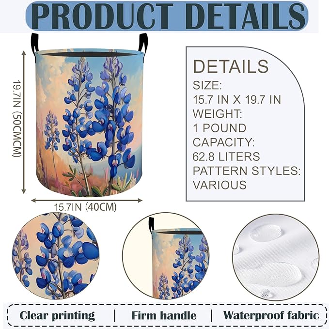 Bluebonnet Flower Laundry Basket Hamper 19.7"x15.8", Wildflower Foldable Waterproof Oxford Clothes Storage Bucket for Room Bathroom Bedroom Nursery Decor, Toy Organizer Bins Gifts for Kids Boys Girls