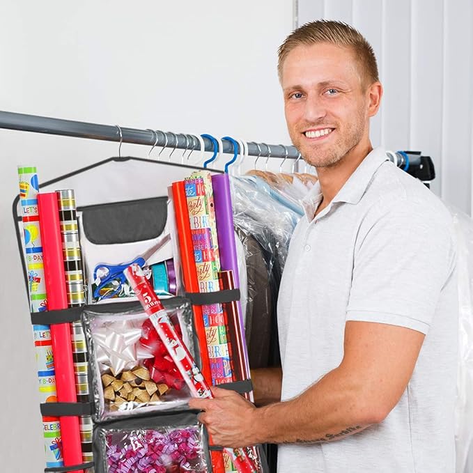 ProPik Hanging Double-Sided Gift Wrap Organizer, Wrapping Paper Storage with Multiple Front and Back Pockets, Organize Your Gift Bags Bows Ribbons 40”X17" Fits 40 Inch Rolls (Black seam)