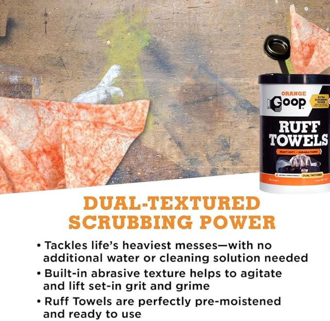 GOOP Orange Heavy Duty Ruff Towels with Scrubbing Power, 10” x 12” Dual Textured Multi-Purpose Cleaning Wipes, Removes Dirt, Grease, Oil, 72 Count