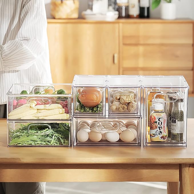 MineSign 4 pack Stackable Refrigerator Organizer Bins Pull-Out Drawers for Fruit and Veggies Storage Organizer for Fridge Clear Drawer Containers with Handle Divided Organization for Produce Saver