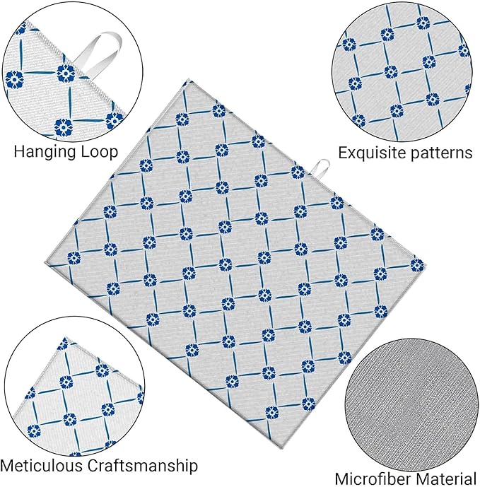 Dish Drying Mat For Kitchen Counter, Blue Floral Microfiber Absorbent Dish Drainer Rack Pad Reusable Large 18x24in Drying Mat