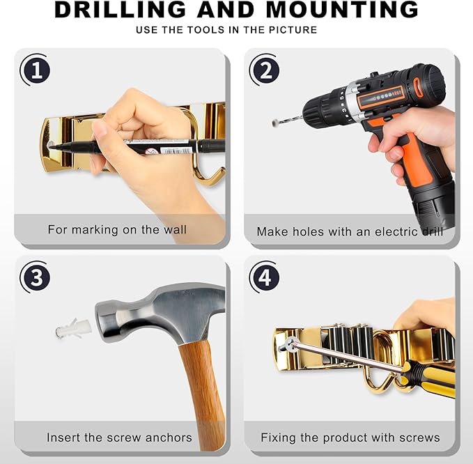 Mop Broom Holder Wall Mount, Gold Stainless Steel Tool Storage Organizer for Kitchen Garden Garage Laundry Room Bathroom and RV with 4 Slots 6 Hooks