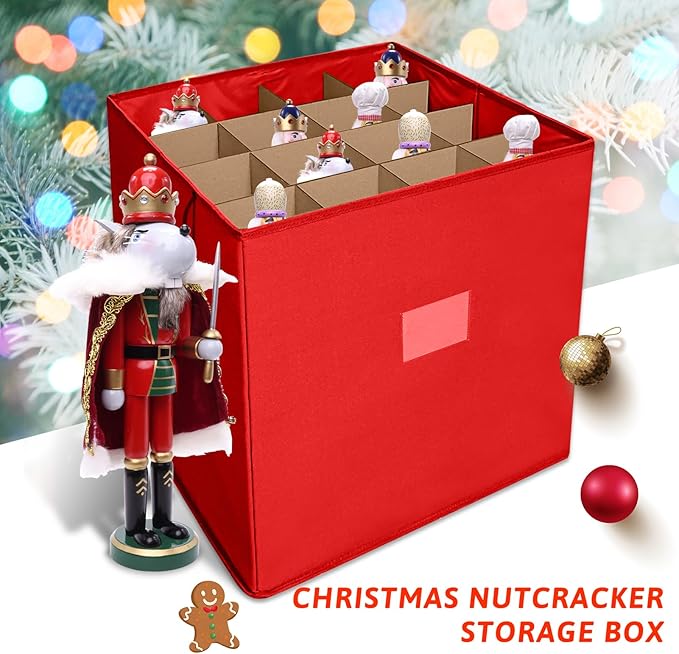 Christmas Nutcracker and Figurine Collectible Storage Box, Fits 16 Holiday Ornaments, Stores Up to 16" Tall Ornaments, Holiday Decor Organizer with Dividers, Nutcracker not Included(Red)