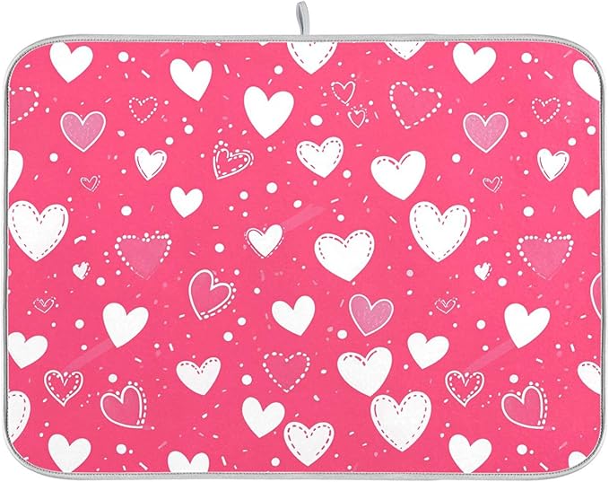 Hot Pink Love Dish Drying Mat for Kitchen Countertop 18x24 Happy Valentine’s Day Heart Large Drying Mat Reusable Quick Dry Dish Sink Mats Easy Clean Decorative Essentials