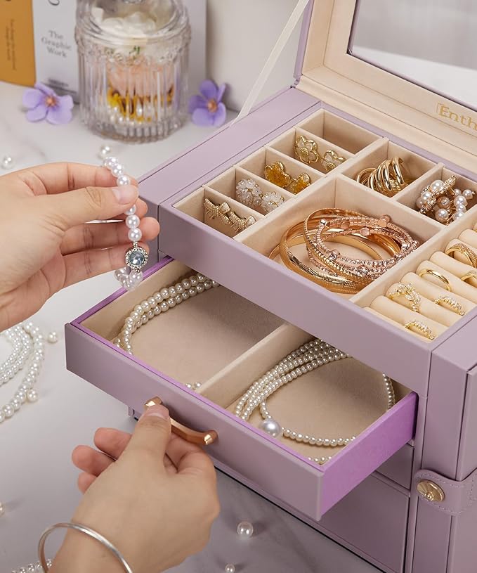 Jewelry Box with 3 Drawers: Display Organizer for Earrings Necklaces - Gifts for Girls Women (Grey Purple)