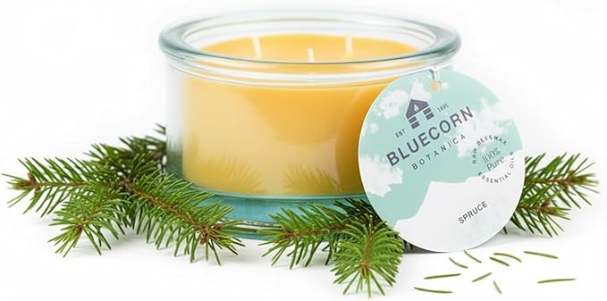 Bluecorn Beeswax 3-Wick Candle, 100% Pure Bees Wax, Spruce Scented Essential Oil Candle Wax, Soy Free, Clean Burning, Long Lasting, Gifts for Women & Men, American Made, 10 Oz