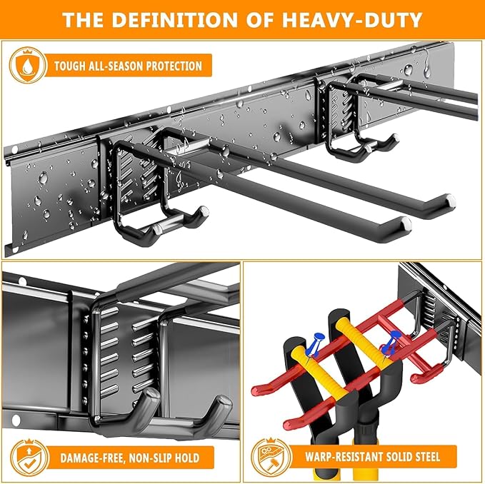 Garage Tool Organizer Wall Mount, 64 inch Garage Wall Organizer, 680lbs Sturdy Garden Tool Organizer with 10 Adjustable Hooks, for Yard, Shed, Basement, Workshop(Black)