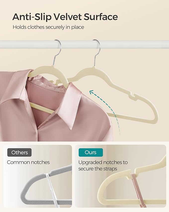 SONGMICS Velvet Hangers 50 Pack, Non-Slip Clothes Hangers, Suit Hangers with Shoulder Notches, Pants Bar, 360° Swivel Hook, Space-Saving, for Closet, Sand Beige UCRF029K05