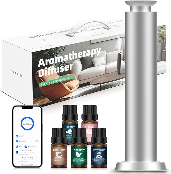 Wirless Rechargeable Waterless Scent Diffuser Kit, Includes 5 Premium Oils, 2000 Sq.Ft Coverage,Hotel Scent Diffuser for Home, Studio, Cordless Essential Oil Diffuser Large Room, APP Control - Silver