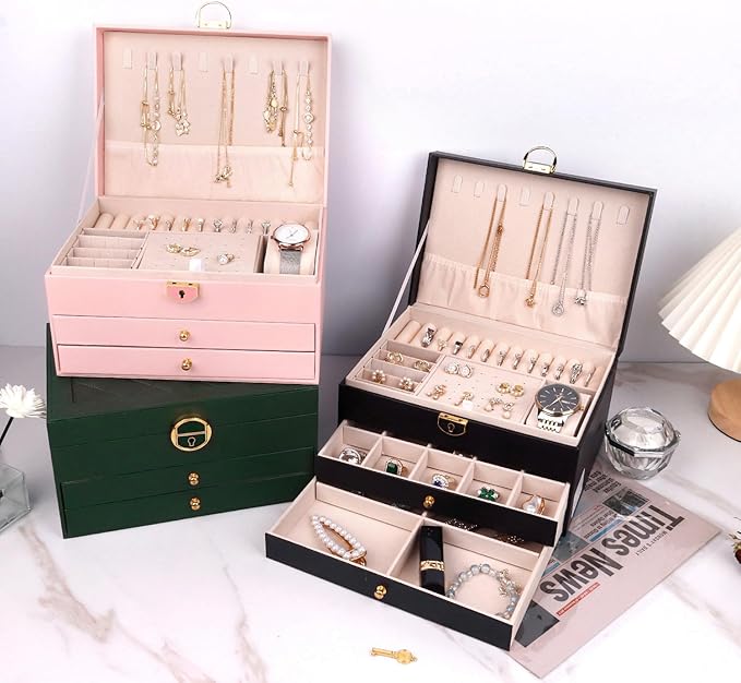Jewelry Organizer Box for Women, Large Jewelry Organizer with Lock, 3 Tier Storage Box with Velvet Lining, 2 Drawers, Necklace Hooks, Ring Rolls