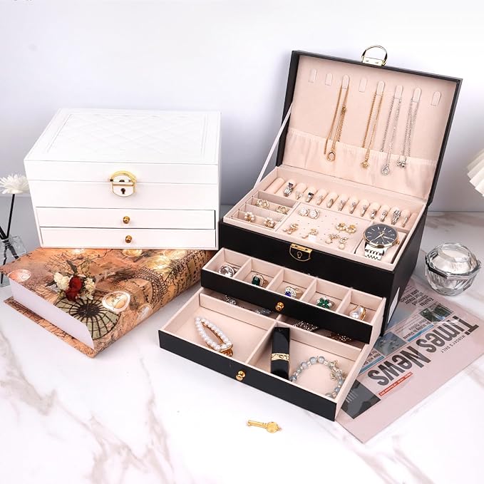 Jewelry Organizer Box for Women, Large Jewelry Organizer with Lock, 3 Tier Storage Box with Velvet Lining, 2 Drawers, Necklace Hooks, Ring Rolls