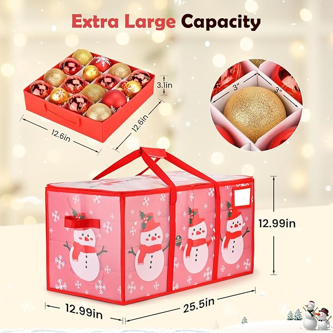 Plastic Christmas Ornament Storage Box with Adjustable Dividers, Waterproof Christmas Storage Containers Keep 128 Capacity, Dual Zippers, Ornament Organizer to Store Holiday Decor-Snowman