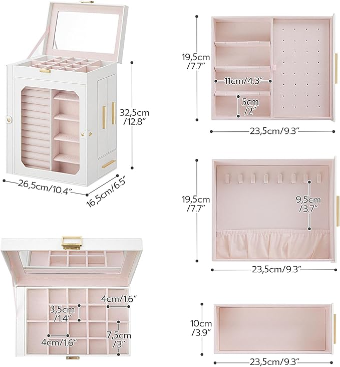 HOOBRO Jewelry Box with Mirror, Travel Jewelry Organizer with Glass Window, Jewelry Storage Case, Vertical Storage, Gift for Loved Ones, for Earrings, Rings, Necklaces, Bracelets, White WT03JB04G2