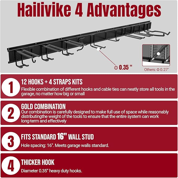 Hailivike 99" Garage Tool Organizer Wall Mount, with 18 Versatile Hooks (8 Styles), Maximized Space & Heavy-Duty Garage Tool Storage Rack for Brooms, Lawn Equipment, Garden & Yard Tools