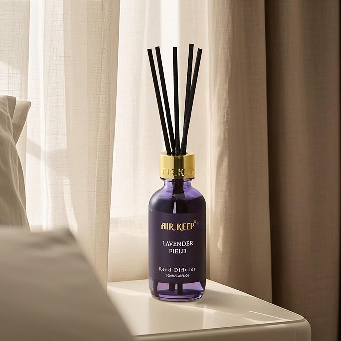 Airkeep Reed Diffuser Set, 3.38 fl oz (100 ml) - Lavender Field Oil Diffusers with 8 Reed Sticks, Home Fragrance Reed Diffuser for Bathroom Shelf Decor