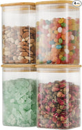 D2scrma 37oz Airtight Glass Square Storage Canisters with Bamboo Lids Set of 4 (1100ml) Striped Stackable Containers, Decorative Kitchen Jars for Tea, Nuts and Coffee (‎with Black Lable)