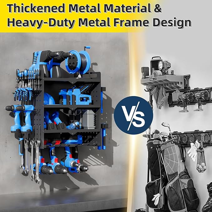 Power Tool Organizer Wall Mount with Charging Station, 4 Layers 4 Drill Holder, Heavy Duty Storage Utility Racks, Supports 600 lbs,Battery Shelf for Garage and Workbench (16 Inch 4 Drills Holder)