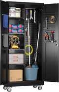 Garage Storage Cabinet with Wheels and 5 Pegboard, Metal Storage Cabinets with 2 Doors and 4 Shelves, Broom Closet Storage Cabinet with Hanging Rod and 13 Hooks, 70.87" Hx33.5 Wx17.7 D, Black