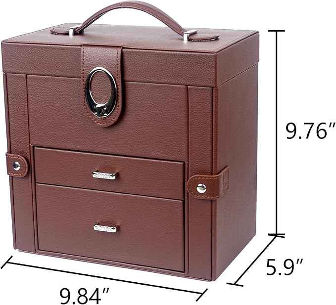 Kendal Jewelry Box for Women, Leather Jewelry Organizer with 2 Drawers and Mirror, Portable Travel Case for Necklace, Ring, Jewelry LJC08BRN