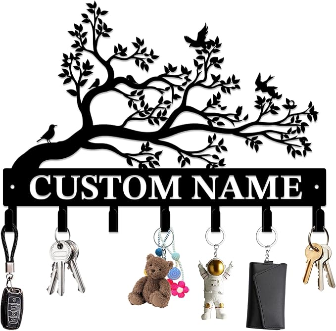 Personalized Custom Name Birds of Trees Wall Key Hooks,Metal Birds of Trees Art Clothes Hooks,Metal Birds of Trees Wall Home Storage Decorative,For Front Door, Hallway, Kitchen, Bedroom(Style B)
