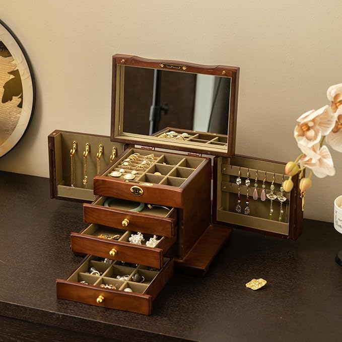Kinsuite Black Walnut Jewelry Box - 4-tie Mirror & Multiple Drawers Handcrafted Solid Wood Treasure Chest for Women, Floral-Inspired Storage Organizer
