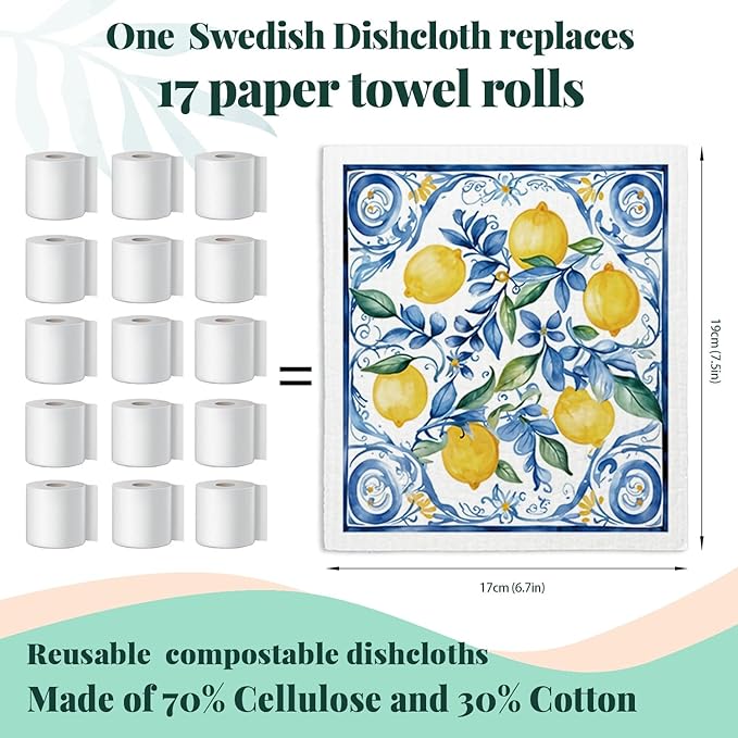 LARTSFRO Swedish Dishcloths for Kitchen, Papaya Reusable Paper Towels Washable, Summer Lemon Vintage Floral Swedish DishCloths for Friut, 4 Pack Dish Towels for Kitchen, No Odor Cleaning Cloths