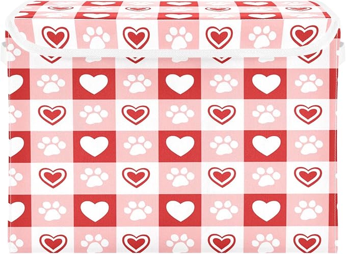 Bolaz Red Checkboard Dog Footprint Hearts Pattern Storage Bins with Lids and Handles, Foldable Storage Box Storage Basket with Cover Collapsible Organizer Containers for Home Closet, Shelves
