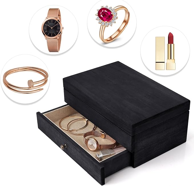 Meangood Jewelry Box Organizer for Women, 2 Layer Large Jewelry Storage Case, Rustic Wooden Jewelry Box with Mirror & Ring Tray for Necklace Earring Bracelets Rings, Vintage Style (Black)