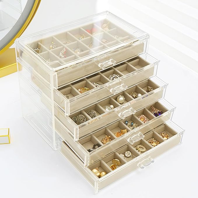 SPAKOWN Earring Organizer, Acrylic Jewelry Box with 5 Drawers, Clear Velvet Earring Storage Display Case with 90 Compartments for Women Girls (Beige)