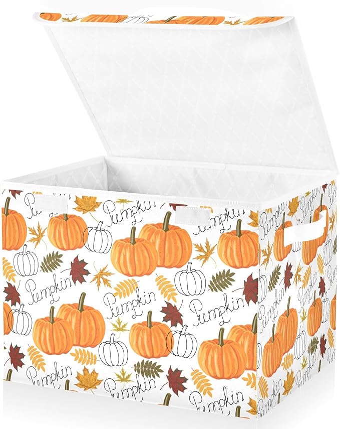 Thanksgiving Baskets Collapsible Storage Bins with Lids, Pumpkin Leaf Fall Autumn Thanksgiving Storage Boxes Clothes Baskets for Organizing