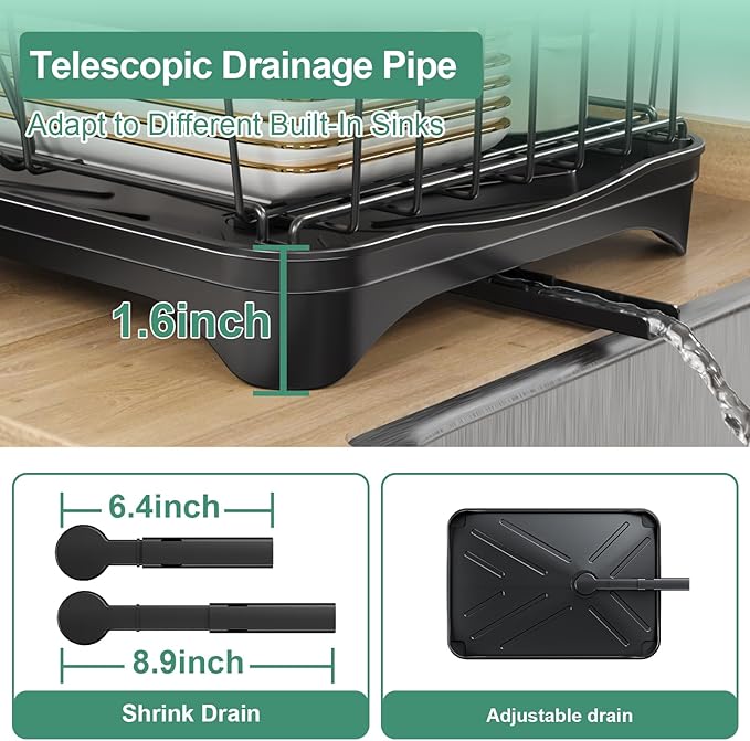 HOMEAILIE Dish Drying Rack, 2-Tier Large Dish Drying Rack for Kitchen Counter – Space Saving Dish Drainer Organizer with Utensil Holder and Cutlery Tray, Black