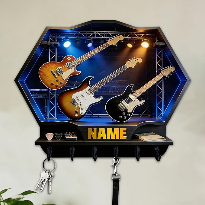 Custom 2D Flat Print Rock Guitar Key Storage Holder for Music Lover Family Friends Music Themed Wall Hooks Personalized Vintage Guitar Stand Name Key Rack Coat Holder for Culb Living Room Hallway