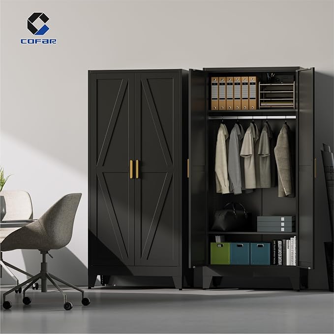 COFaR Metal Wardrobe Closet with Doors, Black Farmhouse Bedroom Armoires with Adjustable Hanging Rod and Shelves, 71'' Tall Closet Cabinet for Garage Storage, Roperos para Guardar Ropa